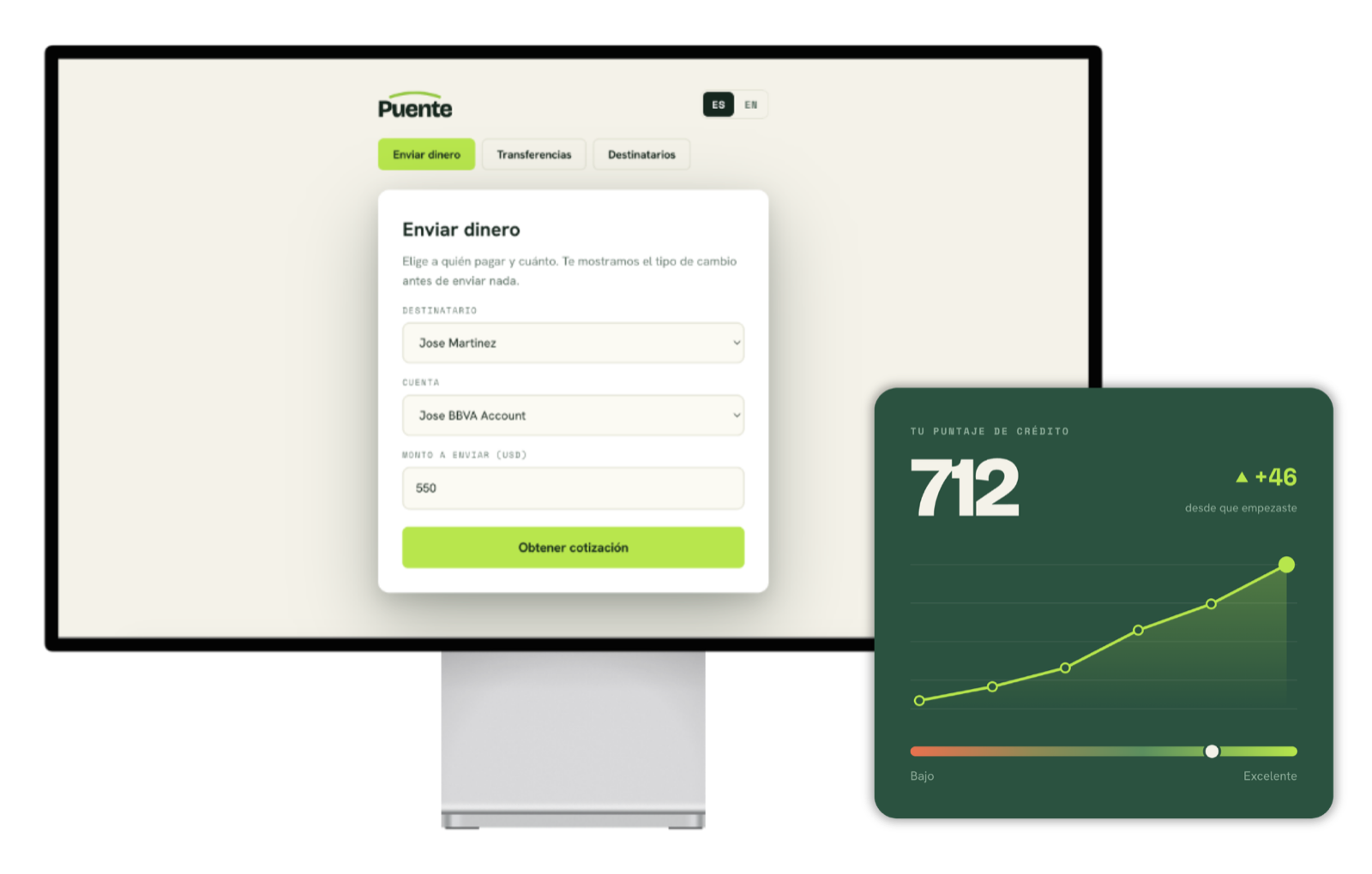 La app de Puente en una pantalla de escritorio, con el formulario para enviar dinero junto a un puntaje de crédito de 712 que sube con el tiempo.